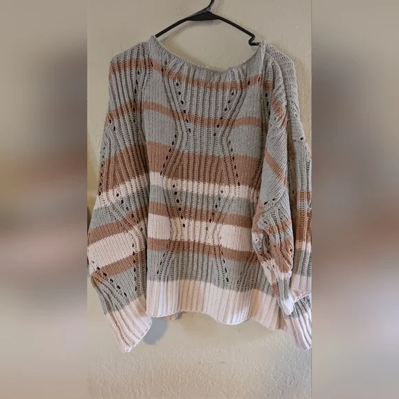 POL V-Neck Striped Sweater -Desert Sage Camel& Cream Cozy Soft Dropped Shoulder - Picture 11 of 13